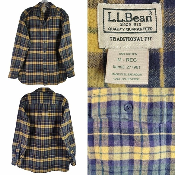 LL Bean Flannel Shirt Mens Plaid Button Down Long Sleeve Size Medium M Yellow - Picture 1 of 10